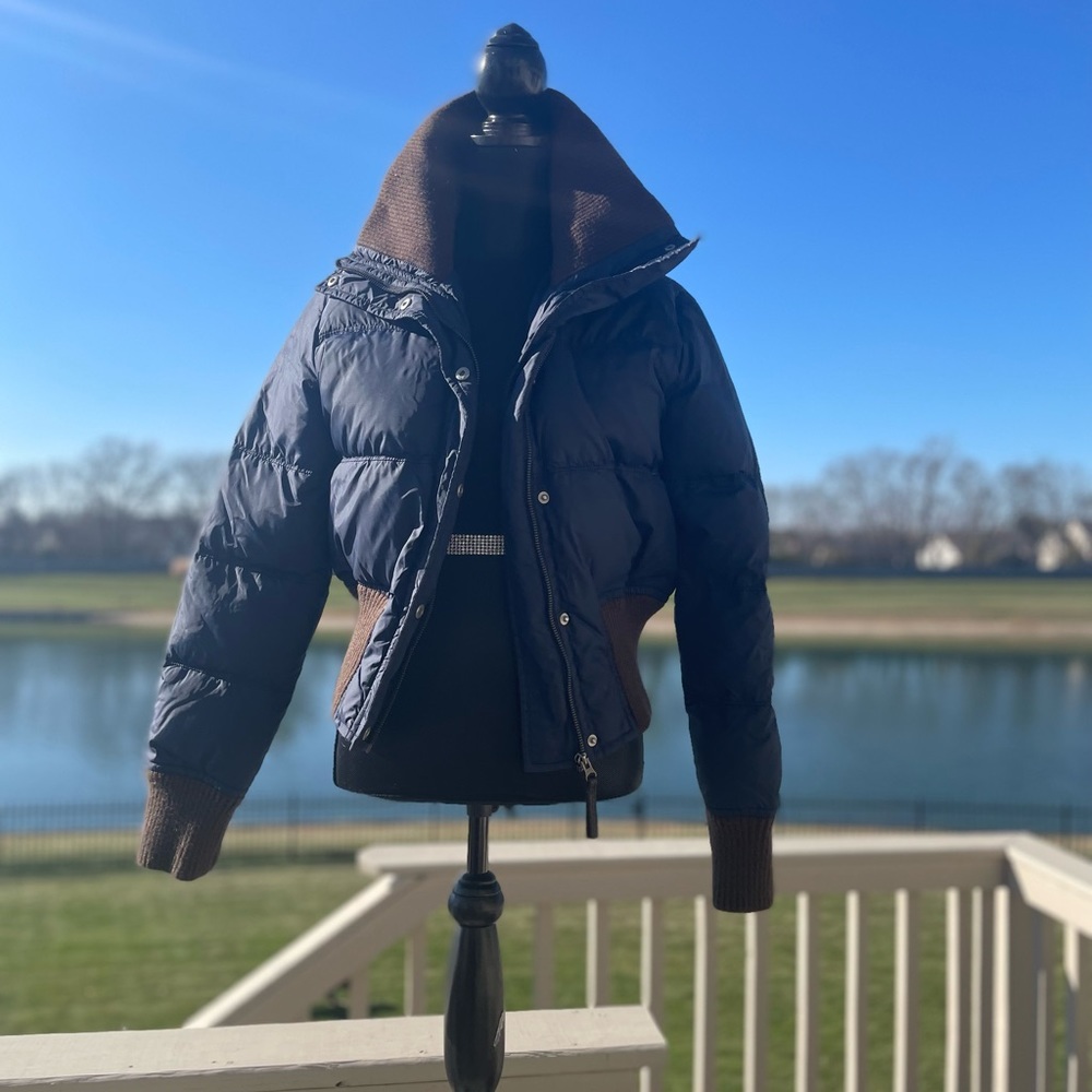 True Religion Navy Blue Brown Zip Up Goose Down Puffer Coat Jacket Women's Large